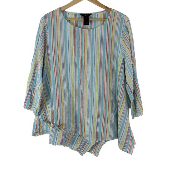 Ali Miles Tunic Top Womens Size 1X Multicolor Striped Linen Cotton Asymmetrical - Picture 2 of 8